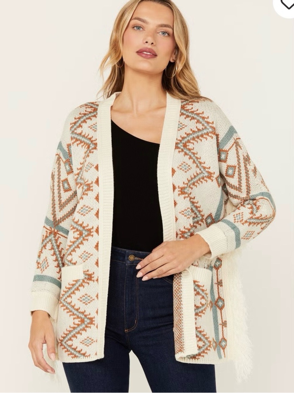 Shyanne Southwestern Print Open Front Fringe Cardigan